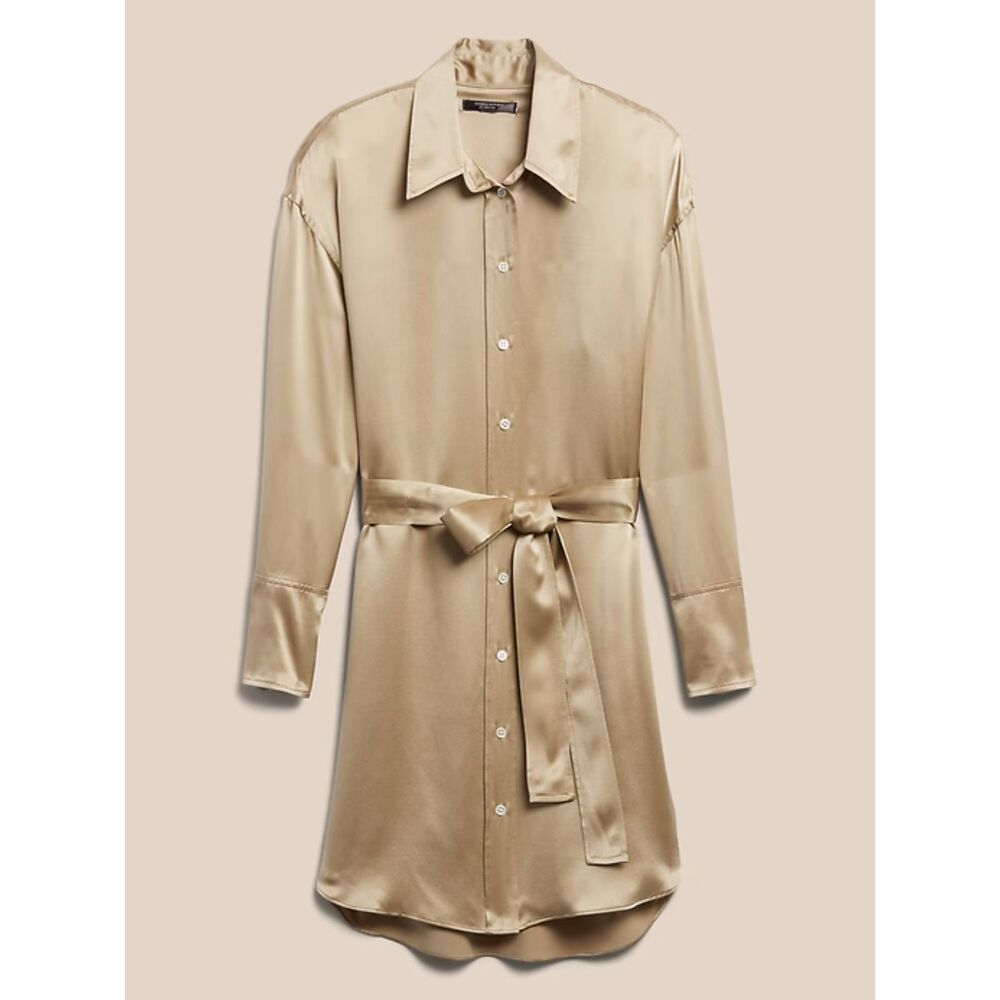 Banana Republic Muse 100% Silk Shirt Dress with Belt in Maverick Tan Small NWT